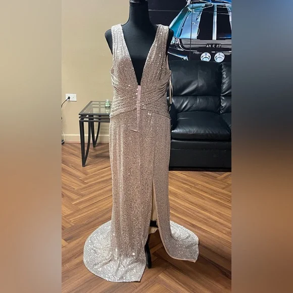 Mac Duggal | Dresses | Mac Duggal Gold Sequin Plunge Maxi Gown | Poshmark